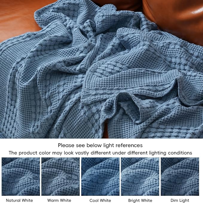 PHF Lightweight 100% Cotton Waffle Blanket for Bed, Queen, Denim Blue | Pre-Washed Soft Cotton Comfort, Breathable Layering Warmth for Fall & Winter, Bed, Sofa, Couch, Home Decor & Gifts