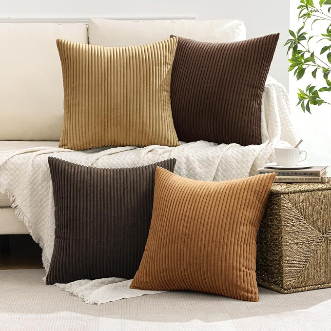 MIULEE Fall Corduroy Decorative Throw Pillow Covers Camel Brown 18x18 | Set of 4, Mordern Rustic Fall Decor, Wood-Tone Deep Browns, Boho Farmhouse Cushion Covers for Couch Bed Sofa Living Room