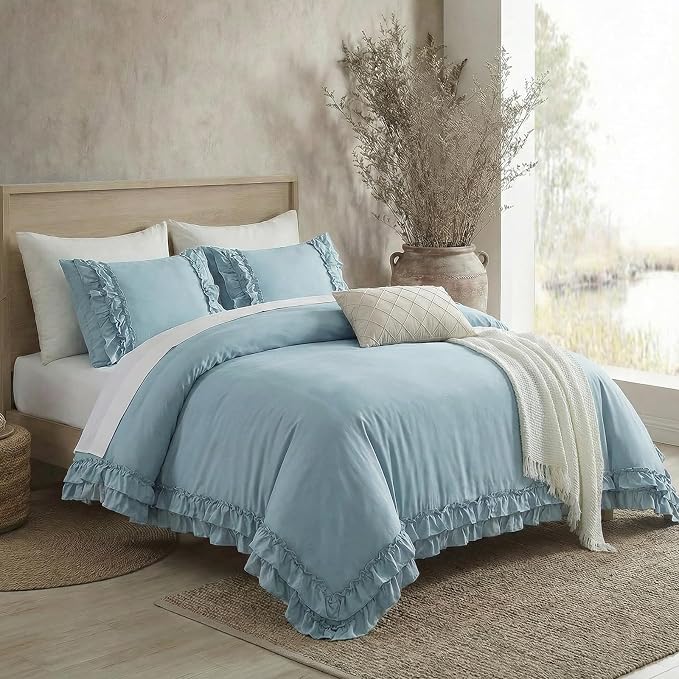 Grayish Blue Duvet Cover Queen Vintage Ruffled Bedding Shabby Chic Boho Bedroom Decor Super Soft All Season Ruffle Duvet Cover Set