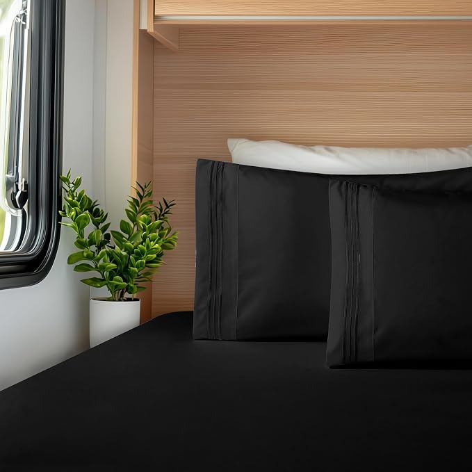 Elegant Comfort Luxurious 1500 Premium Hotel Quality Microfiber Three Line Embroidered Softest 4-Piece Bed Sheet Set, Wrinkle and Fade Resistant, RV Short Queen, Black