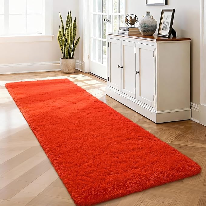 Soft Fluffy Rugs for Bedroom Living Room, 2x6 Hallway Runner Rugs, Furry Shag Bedside Area Rug Indoor Accent Floor Carpet, Plush Fuzzy Rug for Dorm Nursery Kids Room Decor, Orange Red