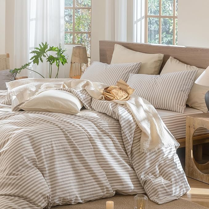 MooMee Striped Duvet Cover Set 100% Washed Cotton Linen Like Full | Relaxed Linen-like Texture. Soft, Breathable & Long-lasting Comfort. Lightweight. Hidden Zipper with 8 Interior Corner Ties