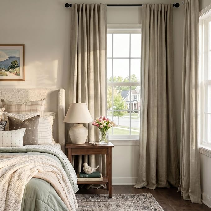 INOVADAY 100% Blackout Curtains for Bedroom Black Out Curtain 102 Inch Long | Earthy Beige Living Room Curtains 2 Panels, Clip Rings Linen Look Blackout Drapes, Thermal Insulated Room Darkening,W50xL102