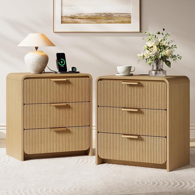 24" 3 Drawers Fluted Nightstand Set of 2, Natural Oak | 3 Drawers Bedside Table, Metal Handles & Charging Station, Curved Profile End Table for Bedroom