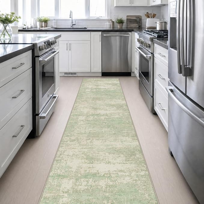2.6x14 Washable Runner Rug:Modern Abstract Soft Carpet Green Cream | For Hallway, Bedroom, Kitchen, Laundry, Bathroom,Door Mat,Modern Abstract,Machine washable,Non-Slip,Stain Resistant,Indoor