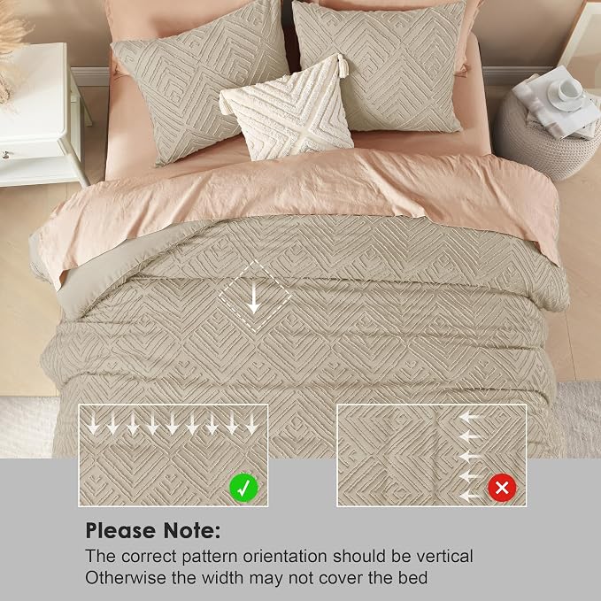 Litanika Queen Size Comforter Set, 3 Pieces Wheat Tufted Boho Bedding Set | Farmhouse Shabby Chic Vintage Bohemian Textured Aesthetic Soft Fluffy Lightweight Breathable All Season Bed Set for Queen Bed