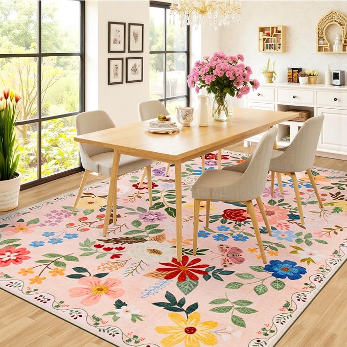PLHXFR 8x10 Area Rug Living Room: Floral Washable Boho Soft Carpet Beige | For Bedroom Dining Room Farmhouse Nursery Hallway,Vintage Floral,Machine washable,Non Slip,Stain Resistant,Large Indoor