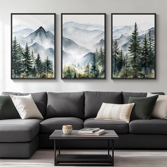 Large Framed Landscape Wall Art for Living Room, Mountain Print, 24x36 Inch | 3 piece, Modern, Nature, Forest picture, Green, Foggy scenery, Living room decor, Hallway art, Ready to hang, Wood frame