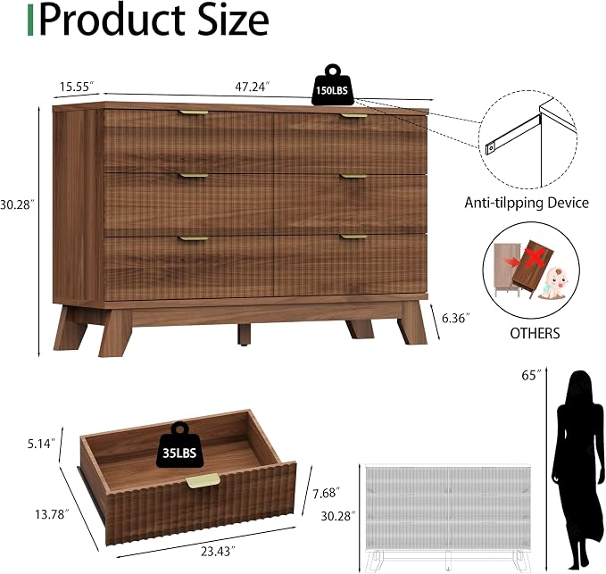 Xixini Fluted Dresser for Bedroom with 6 Drawers, 48" Wide Modern Chest of Drawers with Metal Handle, Wooden Dresser TV Stand, Wood Closet Clothes Storage Organizer for Living Room, Hallway, Walnut