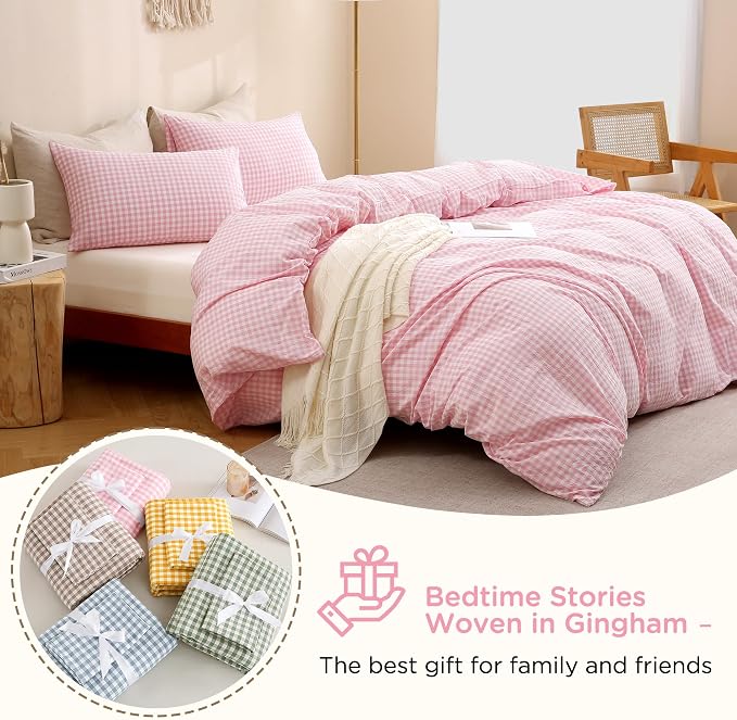 TOCOMOA Pink Gingham Duvet Cover Bedding Set Washed Cotton Like Linen Queen | 100% Washed Cotton Linen-Like Feel Soft, Breathable & Comfy. Lightweight Bedding Set with Zipper & 8 Ties. 3 Pcs, No Insert