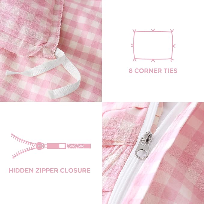 ATsense Pink Gingham Ruffle Duvet Cover Set Cotton Like Linen, King | 100% Washed Cotton Linen-Like Feel Soft, Breathable & Comfy. Cute Bedding Set with Zipper & 8 Ties. 3 Pcs, No Insert