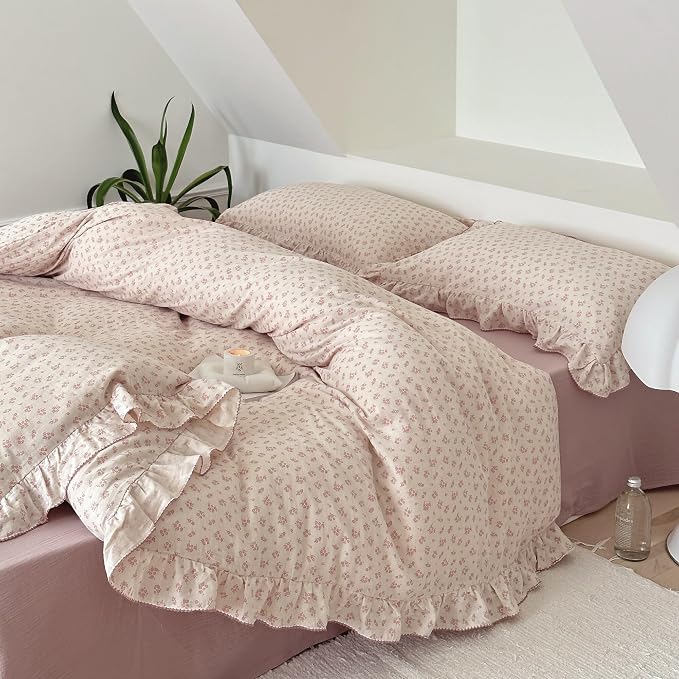 Pink Floral Duvet Cover Full Bedding Duvet Covers for Girls Kids Teens Soft Breathable Cotton Comforter Cover 79"x90" Shabby Chic Ruffles Quilt Cover, No Duvet/Comforter