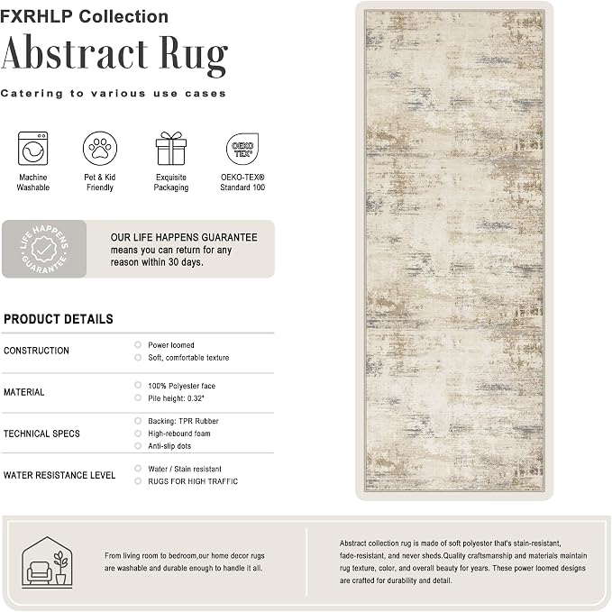3x10 Washable Runner Rug：Modern Abstract Soft Carpet Beige Brown | For Hallway, Bedroom, Kitchen, Laundry, Bathroom,Door Mat,Modern Abstract,Machine washable,Non-Slip,Stain Resistant,Indoor