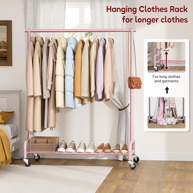 SLEEPING LAMB Heavy Duty Clothing Racks for Hanging Clothes Rack, 43" Wide Rolling Garment Rack Metal Clothing Hanger Rack with Wheels Wardrobe Rack for Coats, Shirts, Dress (Pink)