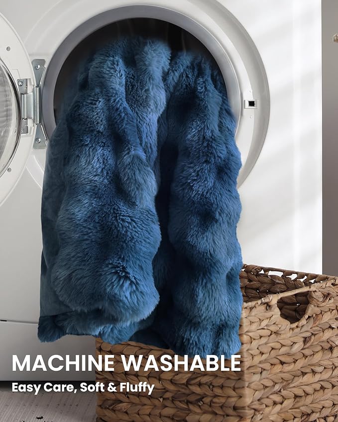 Ultra Soft Cozy Faux Fur Throw Blanket, Fuzzy Plush Thick Bubble Blanket, Oversize Luxury Fluffy Blanket for Couch, Sofa, Bedroom, and Living Room,50x60 Inches,Blue