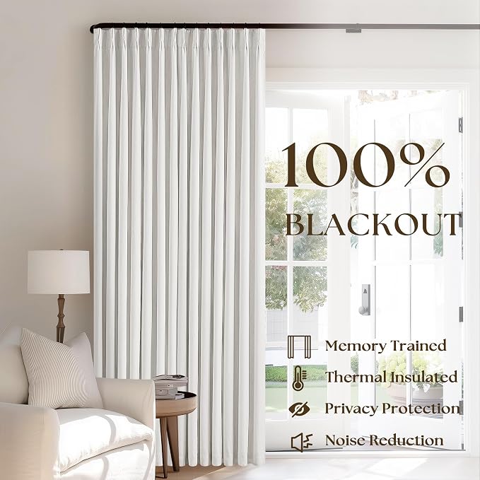 Linen Blackout Curtains 108 Inch Long 2 Panels Pinch Pleated Beige White | with Hooks Rings, 100% Black Out Noise Reducing, Heavy Duty Flax Linen, Ceiling Floor, for Living Room Office Bedroom 40x108