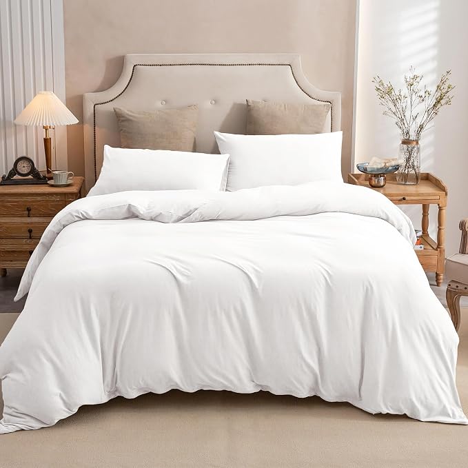 PURE ERA Jersey Knit Sheet Set Solid Bright White Full | 100% Cotton, 3 Piece Set, T Shirt Soft, Breathable, Envelope Closure Pillowcases, Hidden Zipper, 8 Ties, No Insert, Modern