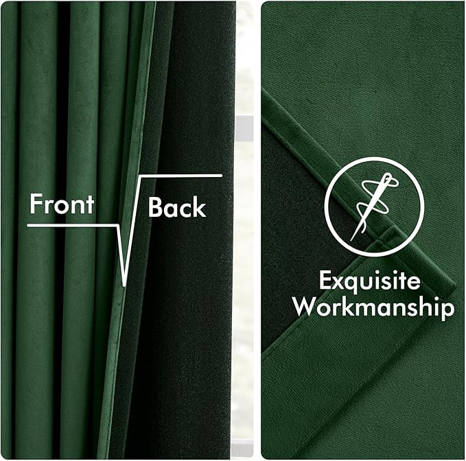 MIULEE Velvet Curtains 50W x 90L 2 Panels Hunter Green Blackout Curtains | Luxury velvet fabric, pinch pleat design, back tab hooks, thermal insulated, blackout light blocking, for living room bedroom