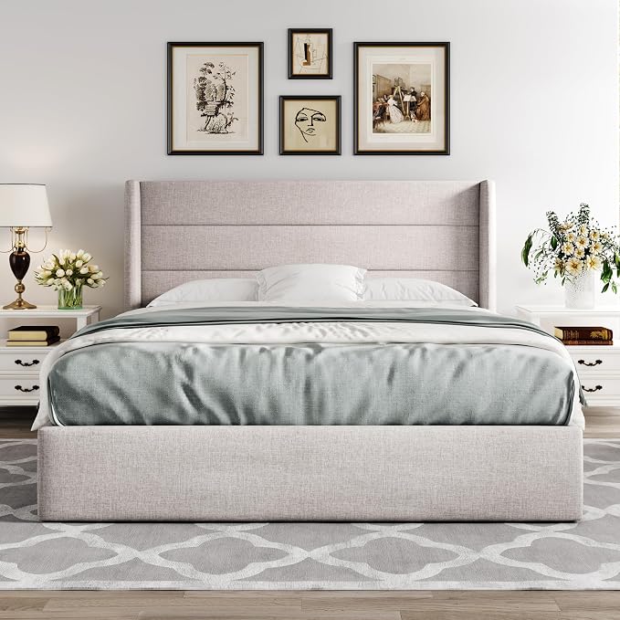 Allewie Queen Size Lift Up Hydraulic Storage Bed Frame Light Beige | Modern Wingback Headboard, Hydraulic Support Storage, No Box Spring Needed