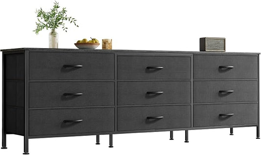 Huuger 63 Inch Dresser for Bedroom, Dresser for Closet with 9 Fabric Drawers, Large TV Stand for 55, 65, 70 Inch TV, Entertainment Center with Storage, Wide Long Chest of Drawers, Black