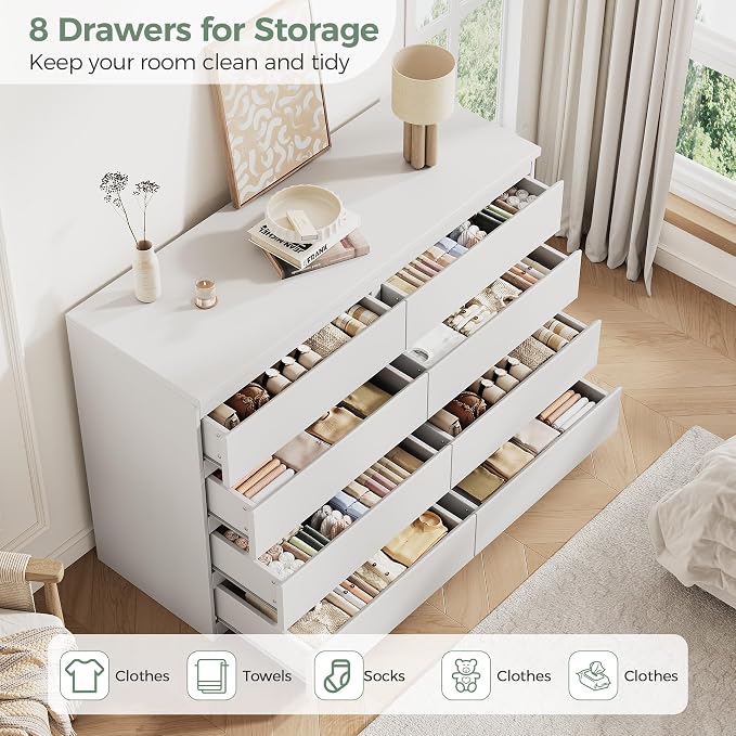 MapleGrace Modern 8 Drawer Dresser, Simply Chest of Drawers for Bedroom, Wooden Storage Dresser with Deep Drawers for Living Room/Hallway/Entryway