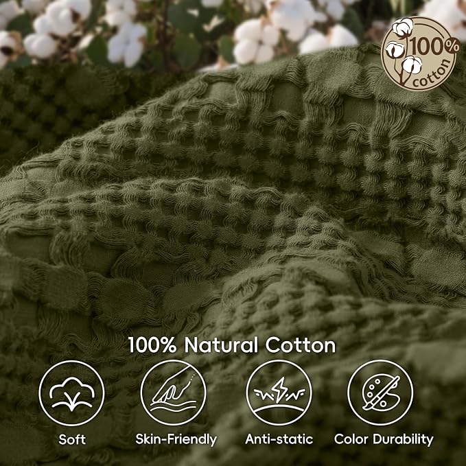 PHF Lightweight 100% Cotton Waffle Blanket for Bed, Queen, Capulet Olive | Pre-Washed Soft Cotton Comfort, Breathable Layering Warmth for Fall & Winter, Bed, Sofa, Couch, Home Decor & Gifts