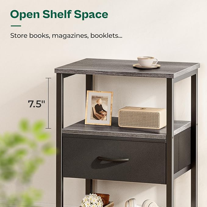 Huuger Nightstand Set of 2, Night Stand with Fabric Drawer, Mesh Shelf | side Table with Storage, Fabric Drawer Dresser, Open Shelf, Metal Frame, Bedroom, Charcoal Gray