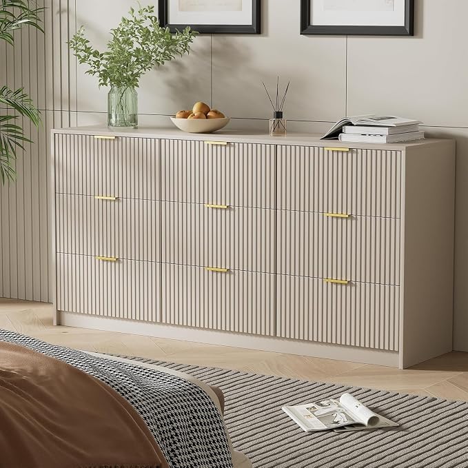 Furniway 9 Drawer Dresser for Bedroom, 63" Wide Dresser with Gold Handles, Modern Wood Chest of Drawers Storage Cabinet, Fluted Long Dresser for Bedroom, Living Room, Hallway, Beige
