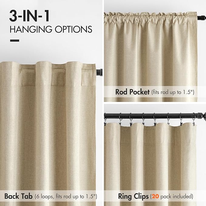 MIULEE 100% Blackout Curtains Linen Curtains & Drapes 84 Inch Oatmeal Beige | 2 Panels, Full Black Out, Thermal Insulated, Room Darkening Window Curtains for Bedroom Living Room , Back Tab & Rod Pocket