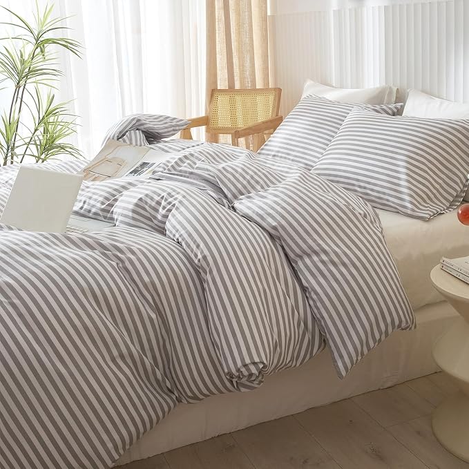 King Size Comforter Set 3 Pieces Striped Comforter Set King Modern Style Boho Bedding Comforter White Grey Stripes Pattern Comforter Set Fluffy Lightweight Farmhouse Bed Comforter for All Season