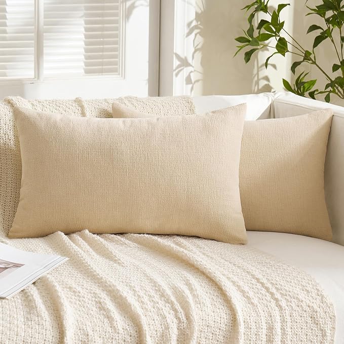 MIULEE Beige Chenille Couch Lumbar Throw Pillow Covers, 12x20 | Set of 2, Soft Neutral Modern Farmhouse Home Decor, Decorative Pillowcases for Sofa Living Room Bed