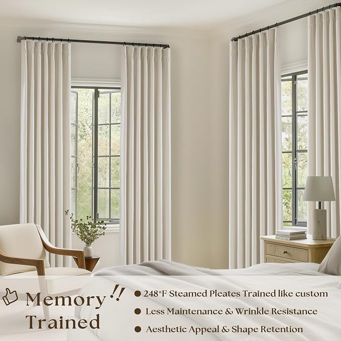 Cream Beige Linen Blackout Curtains Pinch Pleated 102 Inches Long | Memory Shape, Flax Linen 2 Layers for Full Blackout, Light Blocking Thermal Insulated, for Bedroom Living Room, 2 Panels Set
