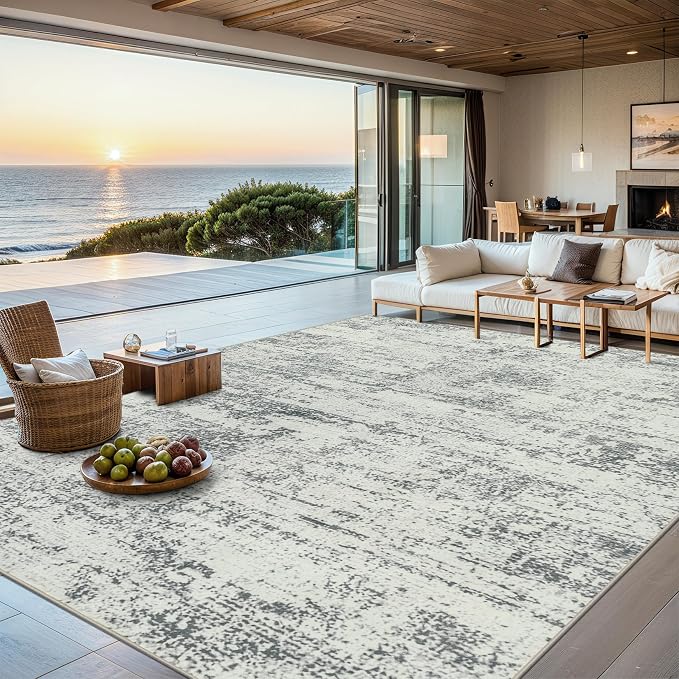 PLHXFR 9x12 Area Rug Living Room: Modern Abstract Washable Carpet Grey | For Bedroom Dining Room Farmhouse Nursery Home,Machine washable,Non Slip,Large Soft Neutral,Stain Resistant, Indoor Floor