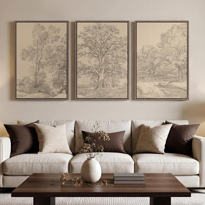 Large Framed Vintage Neutral Tree Sketch Wall Art for Living Room, 20x30 In | 3 piece, Rustic, Retro, Rustic, Canvas artwork, Nature print, Antique, Dining room wall decor, Ready to hang, Wood frame