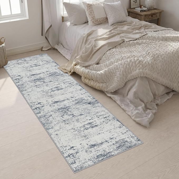 2.6x10 Washable Runner Rug:Modern Abstract Soft Carpet Blue Grey | For Hallway, Bedroom, Kitchen, Laundry, Bathroom,Door Mat,Modern Abstract,Machine washable,Non-Slip,Stain Resistant,Indoor