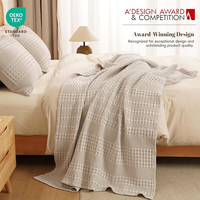 PHF Lightweight 100% Cotton Waffle Throw Blanket for Couch, Light Taupe | Pre-Washed Soft Cotton Comfort, Breathable Layering Warmth for Fall & Winter, Office, Travel, Sofa, Home Decor & Gifts