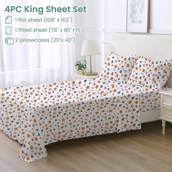 Softan Christmas Holiday Microfiber King Sheet Set with Non-Slip Straps | 15" Deep Pocket Fitted Bed Sheets, Printed Sheets, Christmas Gathering Pattern, Cozy Sheets & Pillowcase Set for All Season