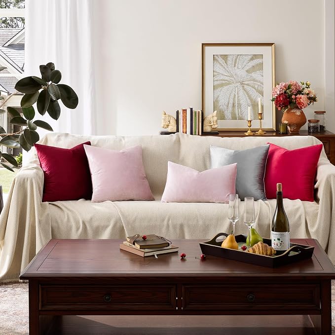 GIGIZAZA Sweet Lilac Velvet Throw Pillow Covers 24x24 Pack of 2 | Decorative Pink Pillows for Couch Sofa,280gsm Soft Textured Fabric,Modern Square Pillowcases,Luxury Cushion Covers