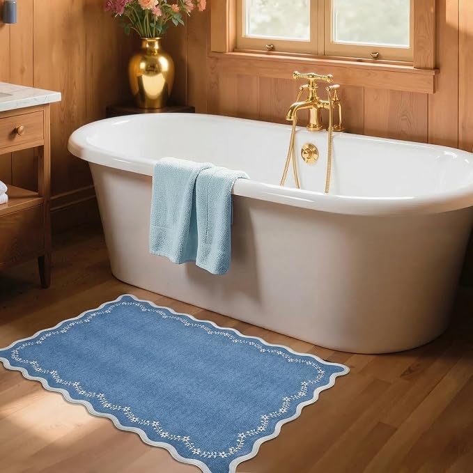 GarveeHome Scalloped Entryway Rug 2x3 Blue Washable Front Door Entry Rug | Indoor Entrance Floral Carpet Non-Slip Low Pile Throw Rugs for Kitchen Floor, Powder Room, Entry, Bathroom, Kids Room