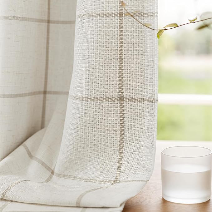 DriftAway 100% Blackout Plaid Linen Curtains 63 Inches Long 2 Panels Taupe | 100% Blackout, Linen Texture, Plaid Pattern, Two Layers, Rod Pocket & Back Tab, Bedroom Living Room Use, Luxury Appearance