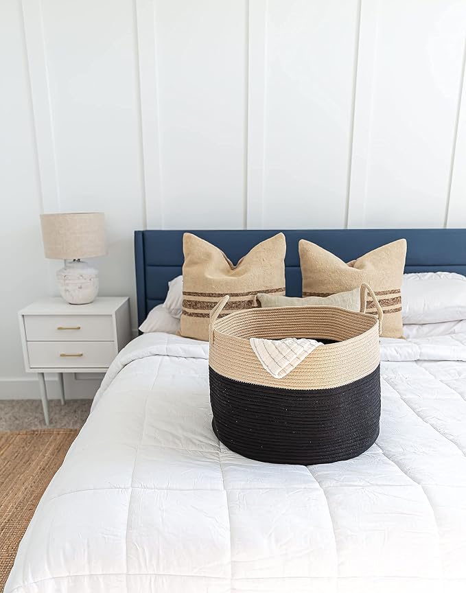 OrganiHaus Round Toy Basket & Blanket Basket, Cotton Rope 20x13" | Black / Honey - Round Cotton Rope Basket, 20x13"