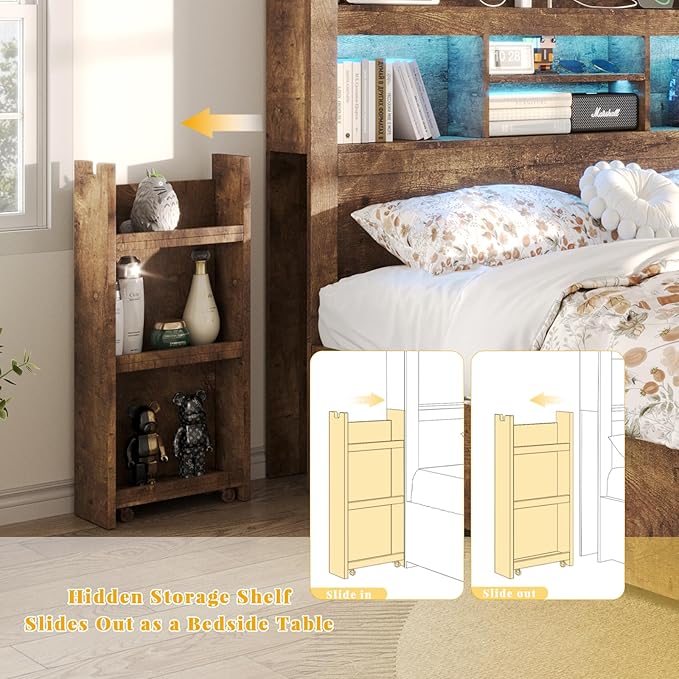 LUXOAK Full Bed Frame with Storage, Bookcase Headboard, Rustic Brown | 49.6" Headboard, Wood Platform Bed, Charging Station, Bedside Storage, 4 Storage Drawers, No Box Spring Needed, Farmhouse
