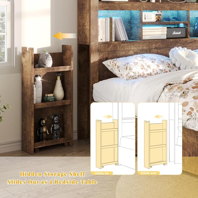 LUXOAK Queen Bed Frame with Storage, Bookcase Headboard, Rustic Brown | 49.6" Headboard, Wood Platform Bed, Charging Station, Bedside Storage, 4 Storage Drawers, No Box Spring Needed, Farmhouse