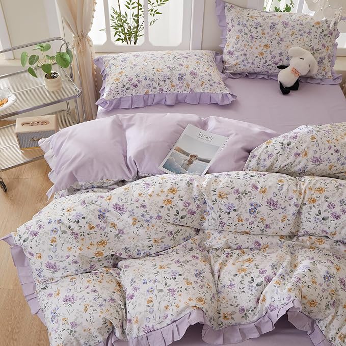 mixinni Floral Duvet Cover Set Full Size, 100% Cotton 3-Piece Bedding Set with Ruffled Lace, Reversible Lavender Wildflower Ruffle Design, Soft Aesthetic Cottagecore Duvet Cover with Zipper Closure