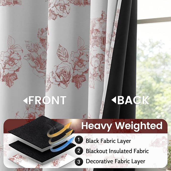 SimpleHome 100% Blackout Curtains for Bedroom Red Curtains Floral 72 Inches | Curtains for Living Room,Farmhouse Curtains and Drapes,Grommet Printed Patterns Room Darkening Curtains,2 Panels Set,52Wx72L