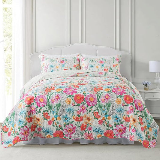 Quilt Bedspread Sets- Dreamy Flowers Reversible Coverlet Set,Queen Size
