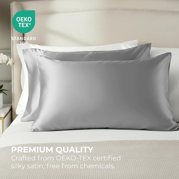 Satin Pillowcase 2 Pack - Queen Size (20"x30", Grey) - Silky Pillow Cases for Hair and Skin - Satin Pillow Covers with Envelope Closure - Extra Soft Premium Microfiber