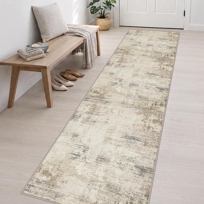 2.6x14 Washable Runner Rug:Modern Abstract Soft Carpet Beige Brown | For Hallway, Bedroom, Kitchen, Laundry, Bathroom,Door Mat,Modern Abstract,Machine washable,Non-Slip,Stain Resistant,Indoor