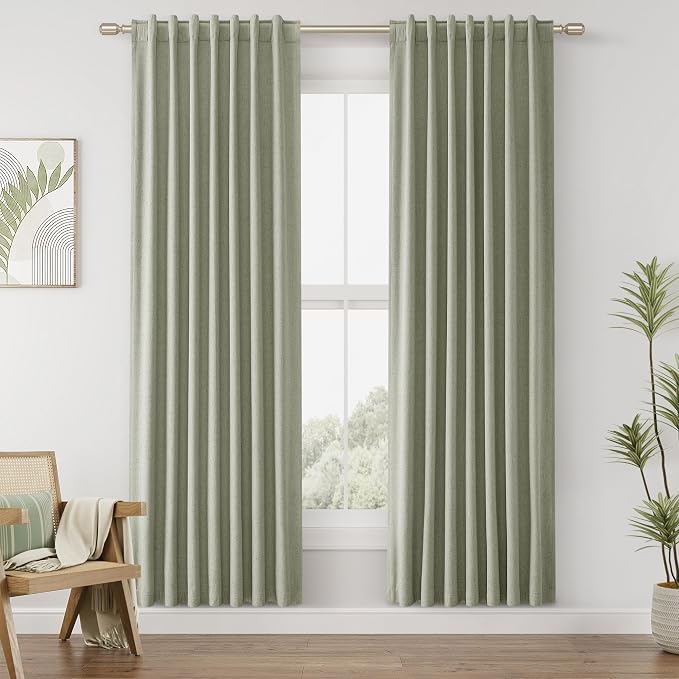 Sage Green 100% Blackout Curtains 80 Inch Length 2 Panels Set for Living Room Bedroom Back Tab Thermal Insulated Black Out Linen Drapes Room Darkening Window Curtains 80 Inches Long