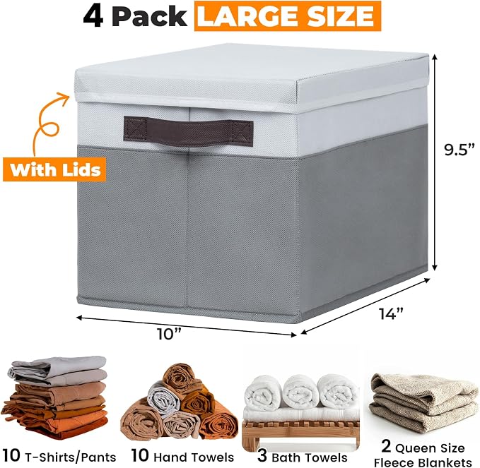 Large Closet Storage Baskets Bins with Lids 4 Pack, Storage Baskets for Organizing Shelves Nursery Bedroom, Home Dorm Closet Organizers Cubes for Clothes Toys Blanket Book - Stackable -14x10x9.5